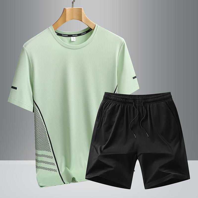 Quick Drying Short Sleeved Men's Summer Ice Silk Half Sleeved Loose and Breathable Fitness Running Set, Quick Drying Two-piece Set