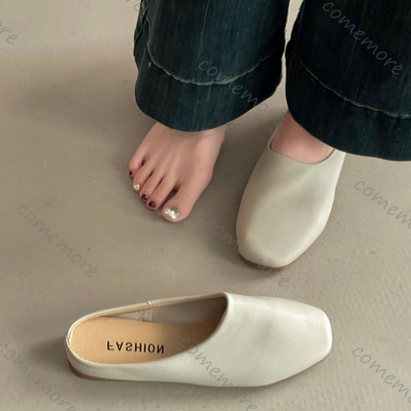 Fashion Comemore Retro Square Head Baotou Half Slippers Female Spring Summer Outside Wear Soft Leather Casual Solid Flat Mules Slides