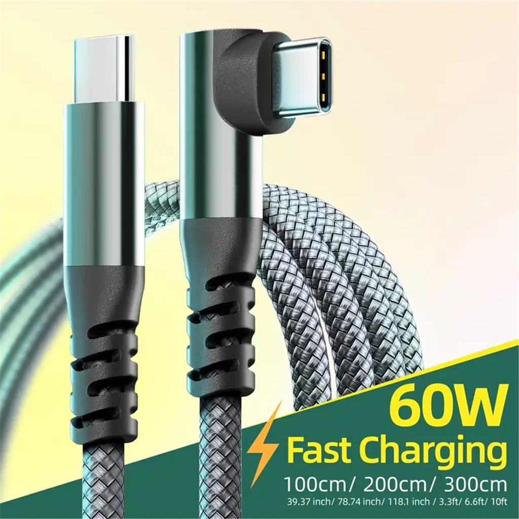 90° USB‑C to USB‑C Cable 1M 2M 3M 10FT,60W PD Fast Charging Data Sync Nylon Braided Type‑C Charging Cord for iPhone 15 15Plus 15Pro Max Android Tablet