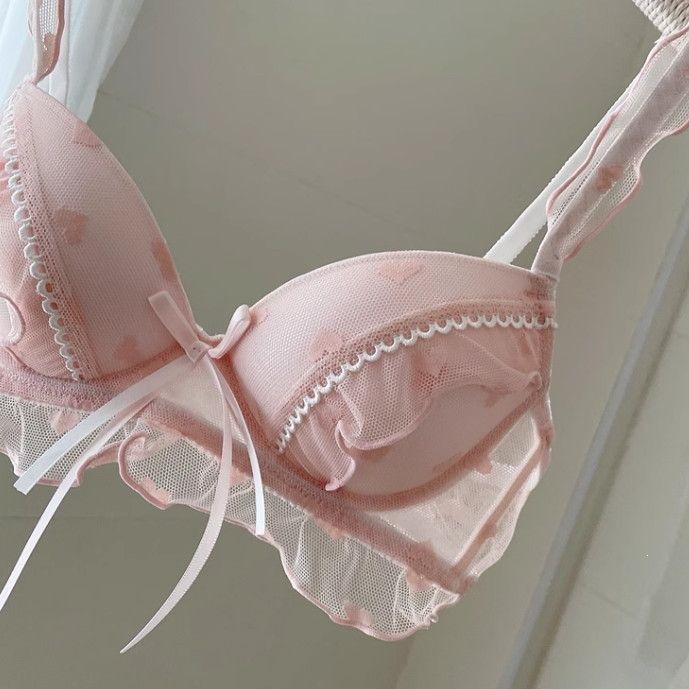 Japanese sweet pure desire bow girls underwear lace small breasts gathered anti-drop no steel ring bra
