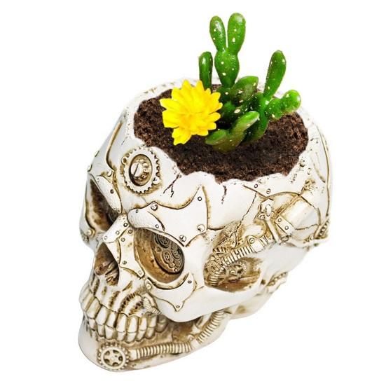 Skull Flower Pot Hand-Painted Resin Gothic Planter Decorative Flower Pot Candy Bowl for Home Office Halloween Decor