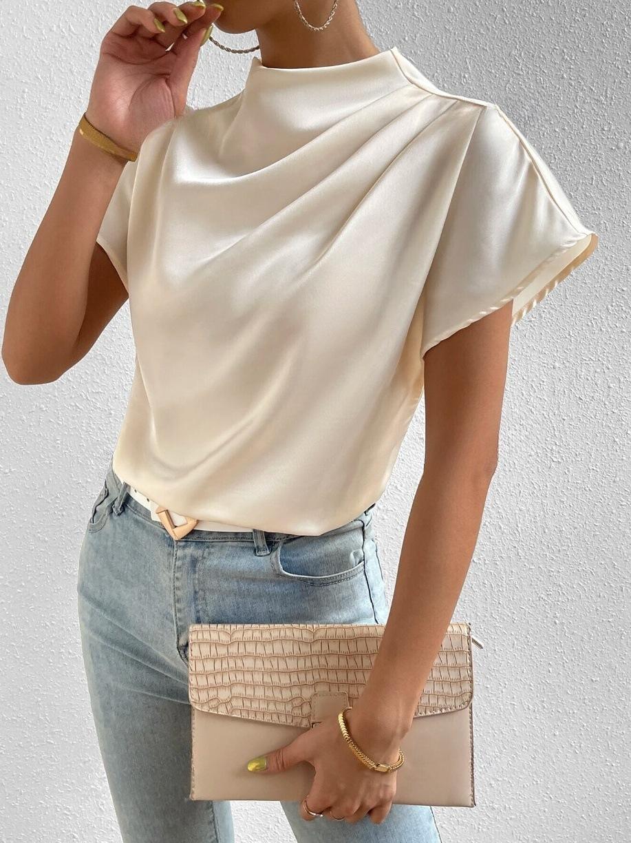 High Neck Batwing Short Sleeve Chiffon Blouse Solid Color Loose Fit S абрикосовый