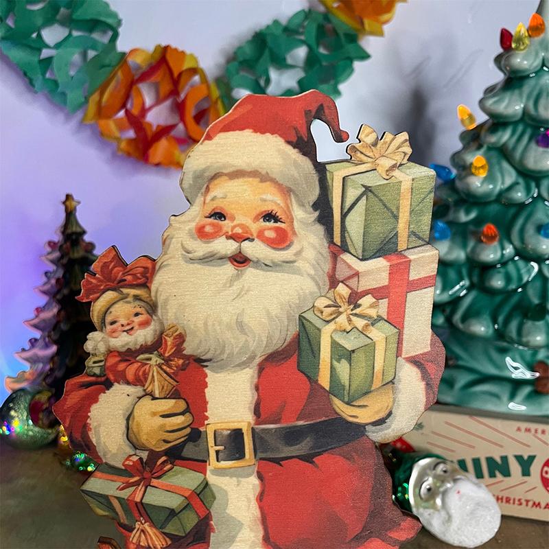 Wooden Christmas Santa Claus Table Decoration - Xmas Sign Tray Decor Shelf, Home Winter Holiday Party Dinner