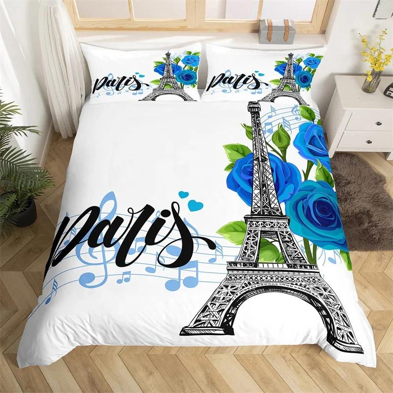 Paris Eiffel Tower Duvet Cover Set Twin King Cherry Blossoms Comforter Cover Microfiber Romantic Theme Bedding Set For Girl Teen