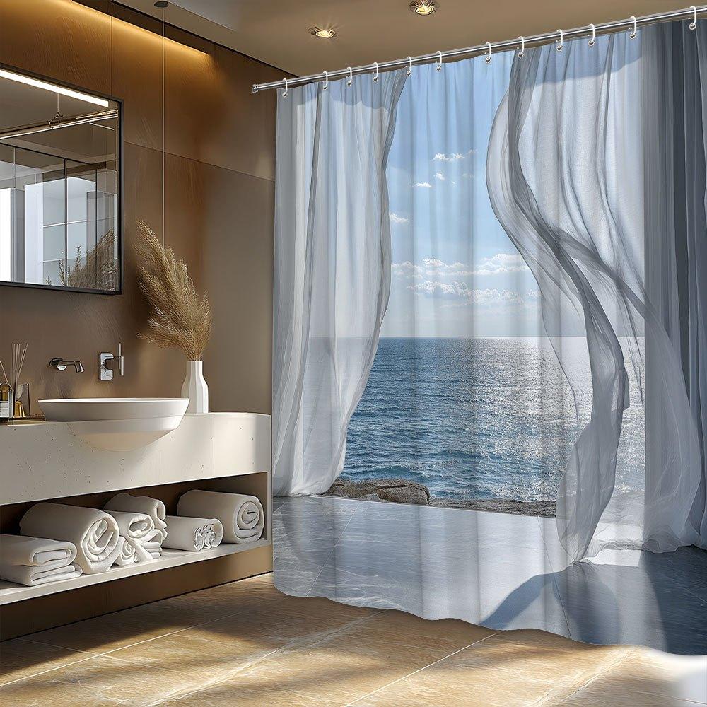 

1Pc Ocean View Shower Curtain With White Sheer Curtains, Minimalist Seaside Scene,Machine Washable, All-Season Bath Decor W60H190(CM)-1 Pcs