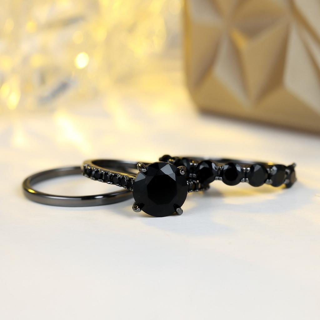 Female Luxury Black Zircon Stone Engagement Ring Set Promise Love Wedding Jewelry for Women