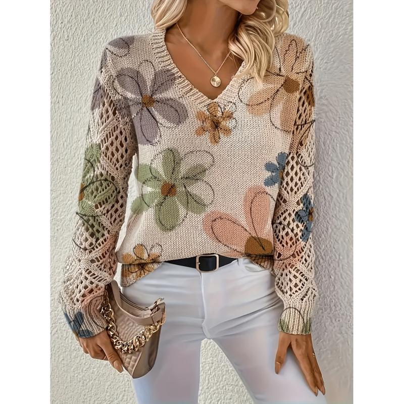 Bohemian Floral V-neck Sweater - Elegant, Long Sleeve Pullover Top
