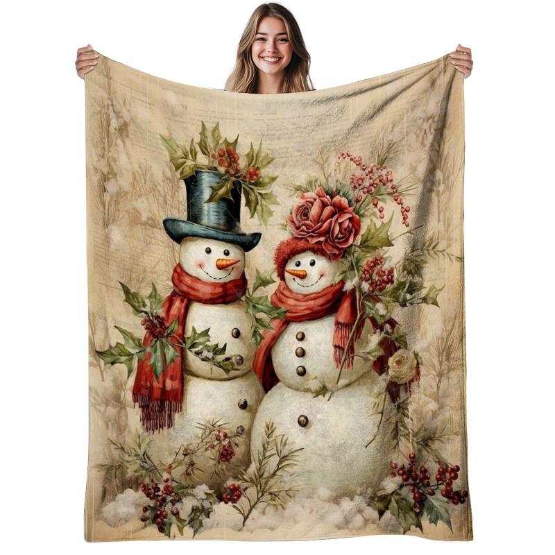 Vintage Snowman Couple Christmas Throw Blanket, Soft Warm Sofa Bed Cover, Rustic Winter Home Decoration