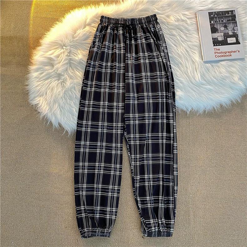 Women's Spring Autumn Four Seasons Plaid Elastic Waist High Waist Draped Slim Drawstring Trousers