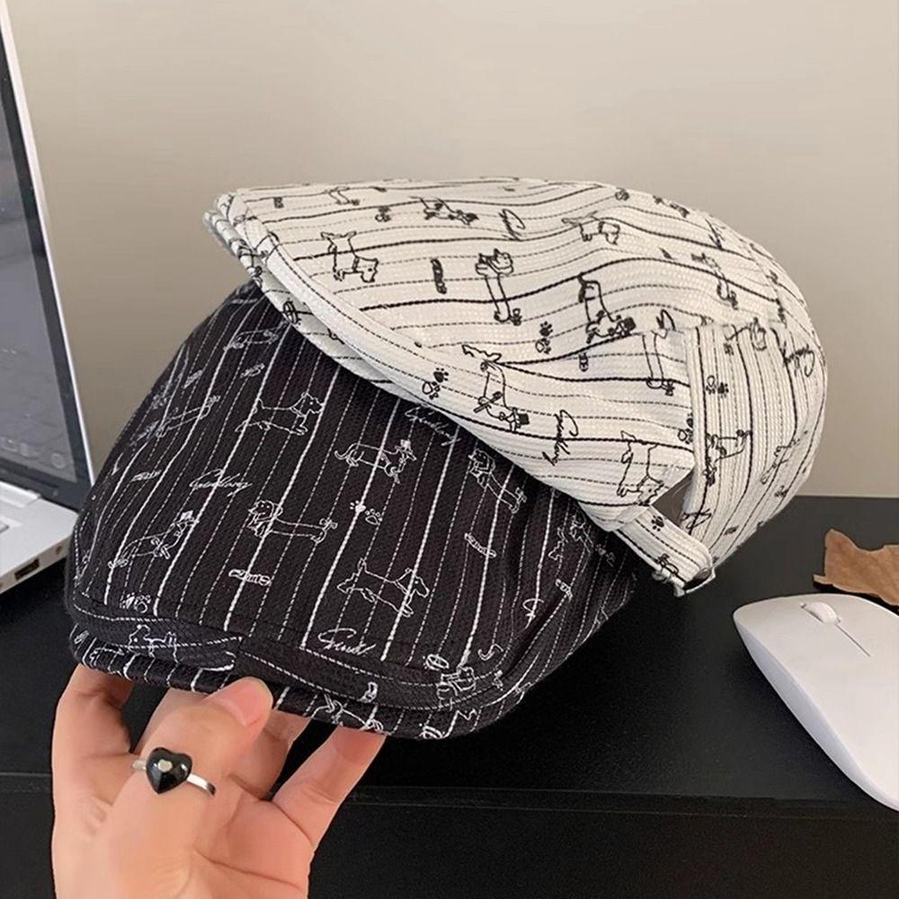 Printed Stripe Beret Cartoon Retro Painter Hat Fashion Octagonal Hat Girl
