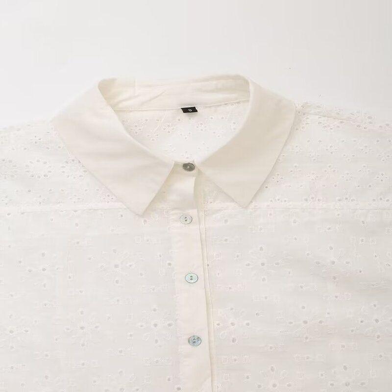 Fashion Style 2024 Summer New Female Long Sleeve Lapel Hollow Embroider Shirt Mid Waist Skirt 3666088