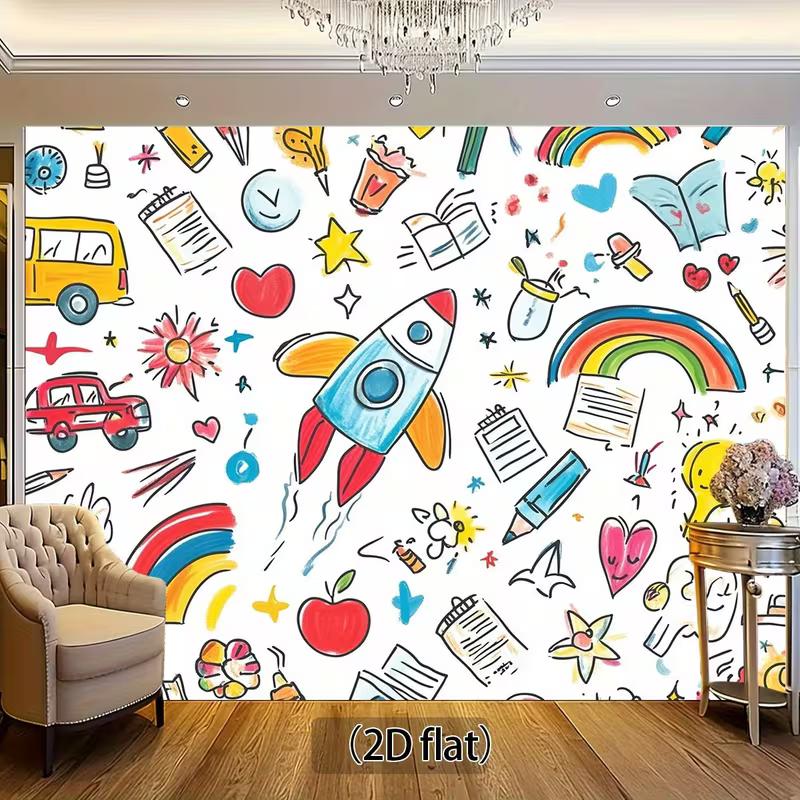 2D Classroom Decoration Backdrop, Hand Drawn Rocket Rainbow & School Items Banner