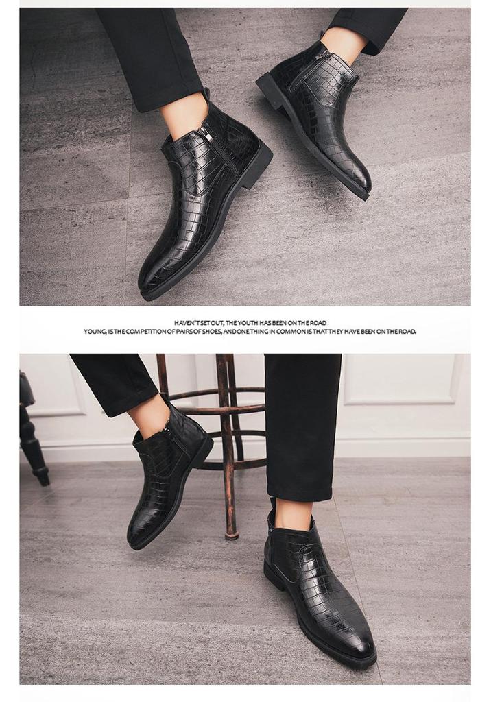 Plus Size Men's High Top Leather Chelsea Boots with Zipper and Brogue Design, Pointed Toe Martin Style.