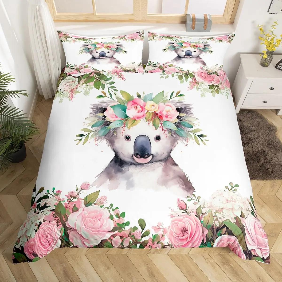 

Cute Koala Duvet Cover Twin SizePink Air Balloon Bedding Set Watercolor Flower Animals Comforter Cover Cartoon Quilt Cover 150*200cm 3pcs