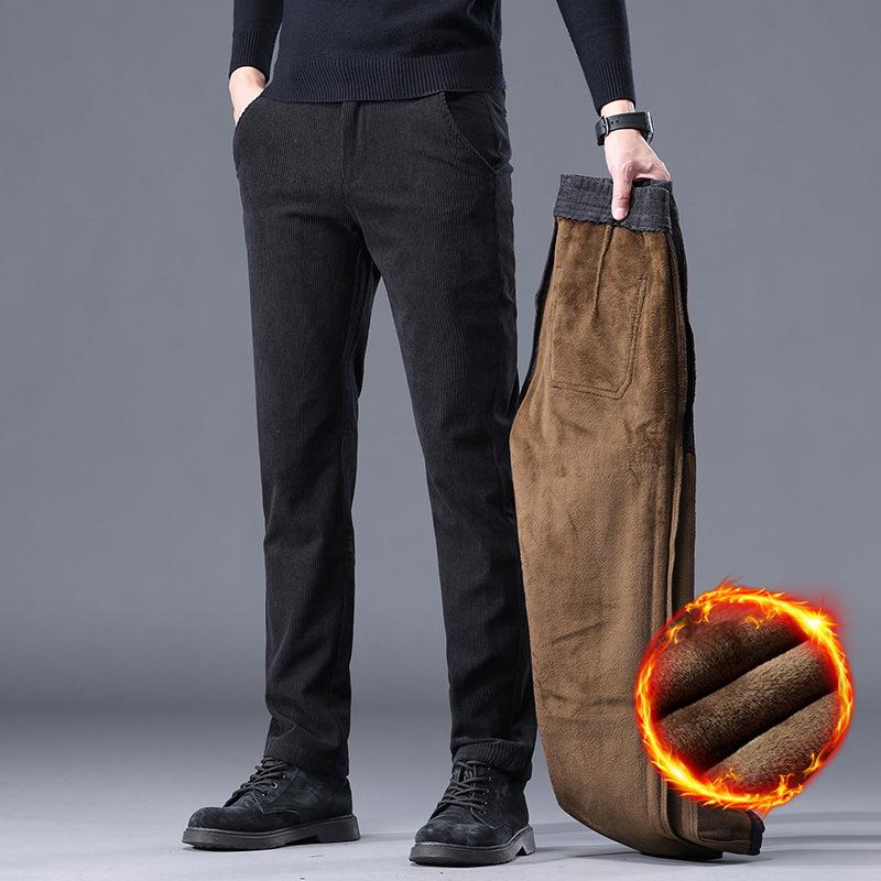 

Autumn Winter Fleece Warm Corduroy Pants Men Business Fashion Slim Fit Stretch Thicken Gray Khaki Fluff Casual Trousers Male 38