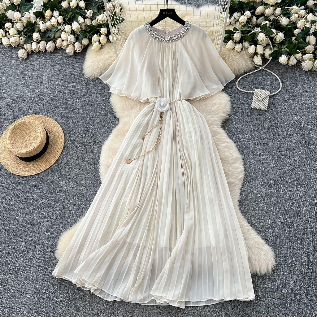 French fashion heavy industry diamond round neck shawl splicing strap waist thin temperament pleated chiffon dress women