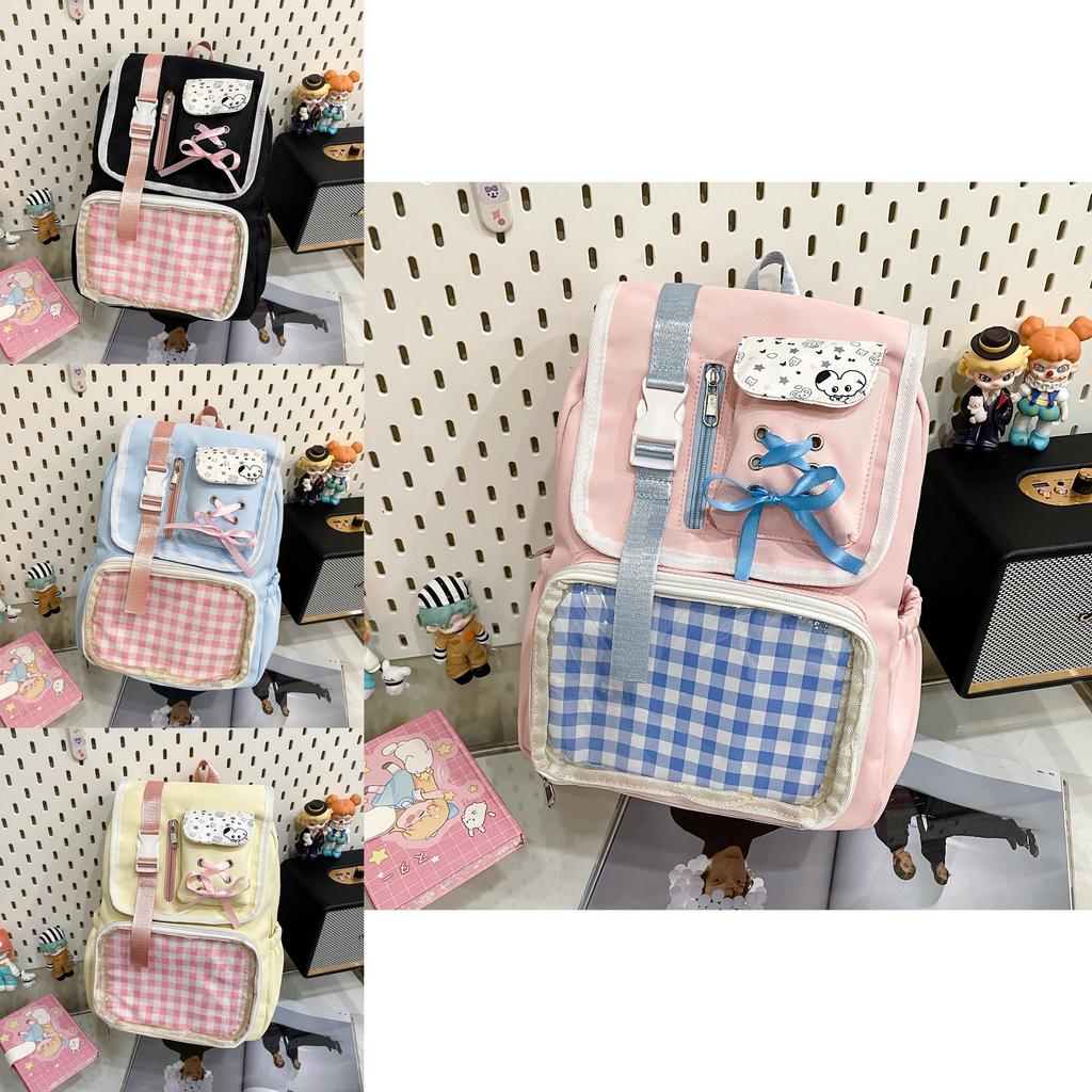 Girls Boys Korean Style Nylon School Backpack With Grid Print And Bow Decoration For Middle School Students
