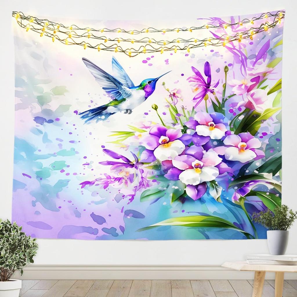 Watercolor Hummingbird Tapestry, Vibrant Wall Hanging with Colorful Hummingbirds & Cherry Blossoms on Purple Background