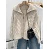 Women Fall Winter Casual Loose Knitted Cardigan Retro Solid Double Zipper Turn-down Collar Sweater Thicken Loose Tops