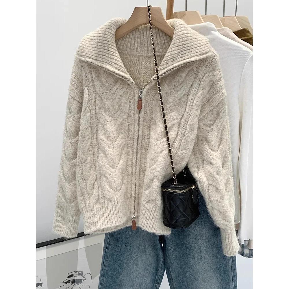 Women Fall Winter Casual Loose Knitted Cardigan Retro Solid Double Zipper Turn-down Collar Sweater Thicken Loose Tops