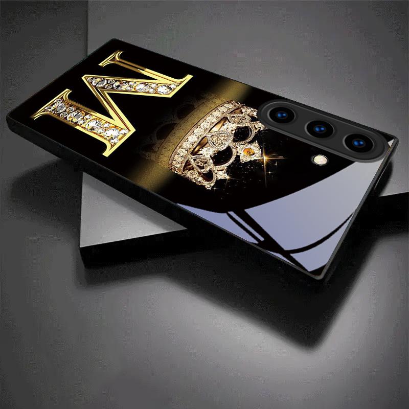 Diamond Crown Pattern Black Glass Phone Case For For Samsung Galaxy S26 S25 S26Ultra S25 Edge S24 FE S23 S22 S21 S20 Plus Cover