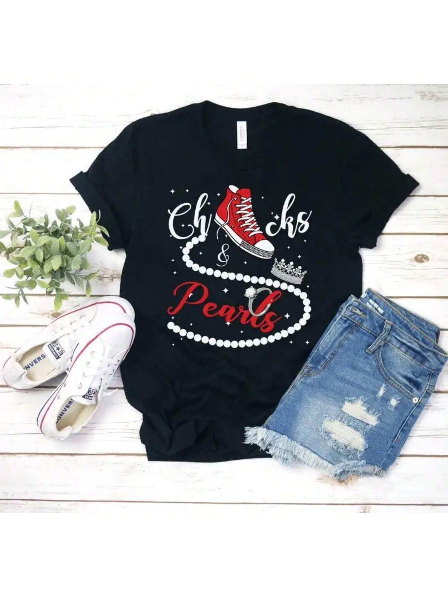 Chucks And Pearls T-Shirt 2024 Inspirational Shirt Friend Gift Faith Shirt Red Chucks Unisex & Women s Shirts S разноцветный