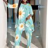 Women Plus Size Round Neck Three Quarter Sleeve Irregular Hem Printed Top Wide Leg Pants Two Piece Set