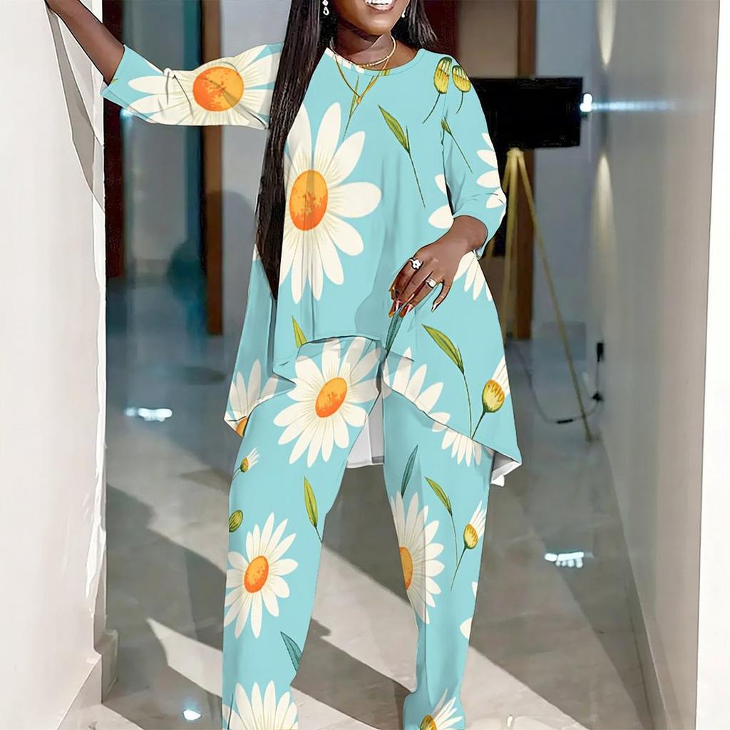 Women Plus Size Round Neck Three Quarter Sleeve Irregular Hem Printed Top Wide Leg Pants Two Piece Set