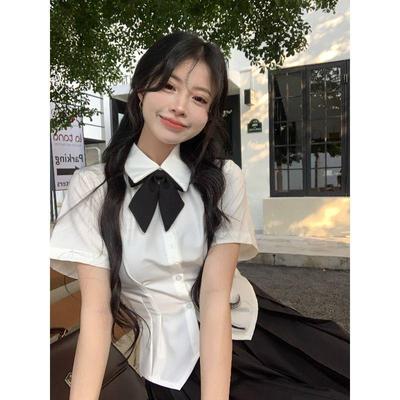 Korean Style Waist-Hugging Bow White Shirt for Women, Summer 2024 College JK Short-Sleeve Sweet & Spicy Top
