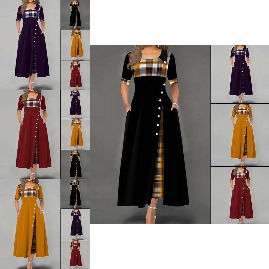 Casual Women Irregular Plaids Button Maxi Dress Half Sleeve Plus Dress Size