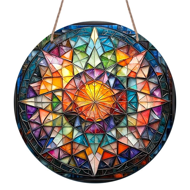 2D Flat, 1pc Stained Glass Star Mandala Pattern Vintage Metal Wall Plaque – Vibrant Geometric Design in Blue, Green, Yellow & Red – Perfect for 7.87×7.87inch
