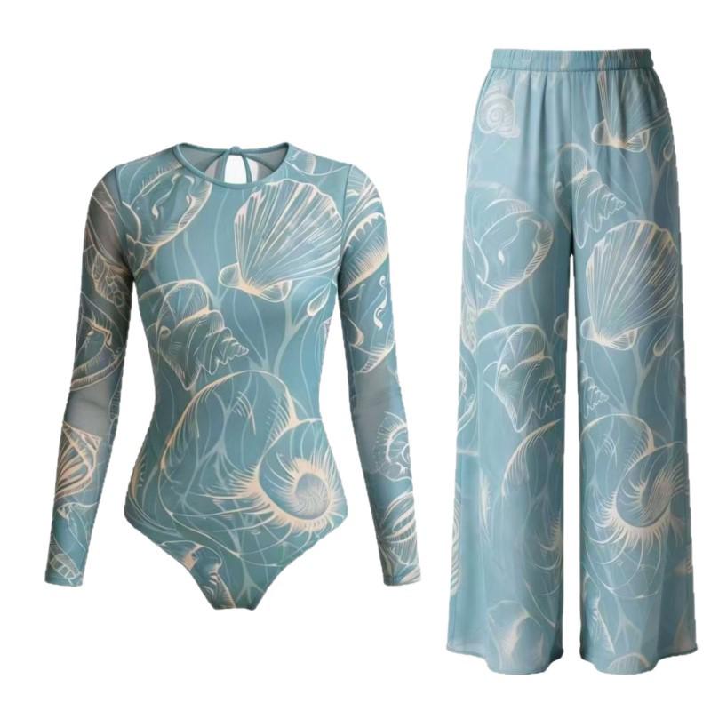 Costume da Bagno da Donna a Maniche Lunghe con Stampa Conchiglie - Protezione Solare, Snellente e Copre la Pancia, Taglie Forti, Vestibilità Conservativa, Ideale per Terme e Spiagge.