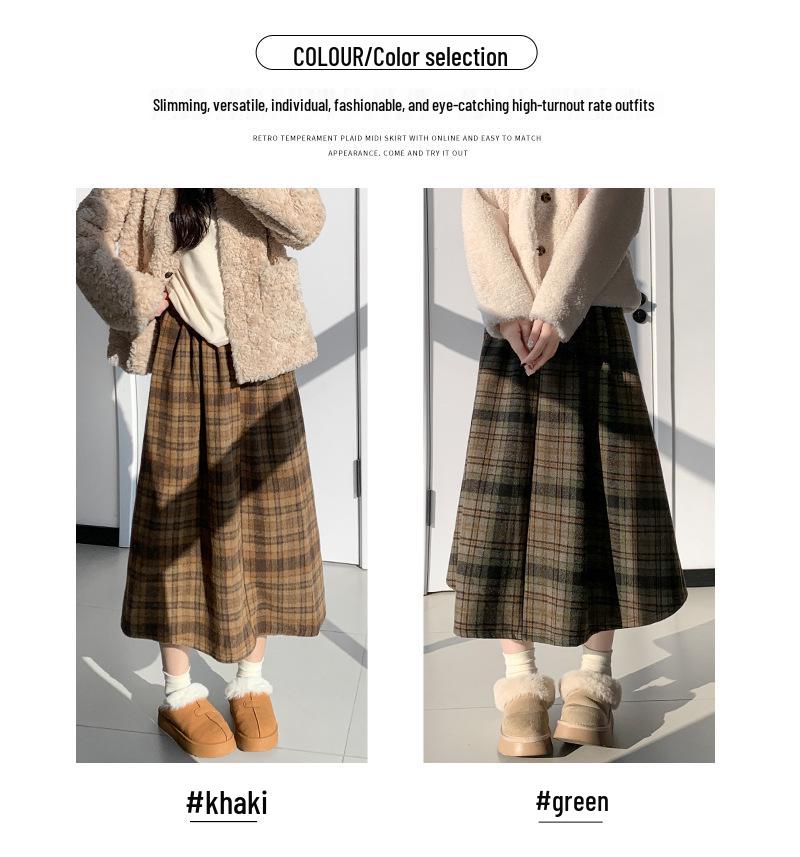 Korean Retro Plaid Woolen A-line Skirt for Women - High Waist Winter Long Skirt