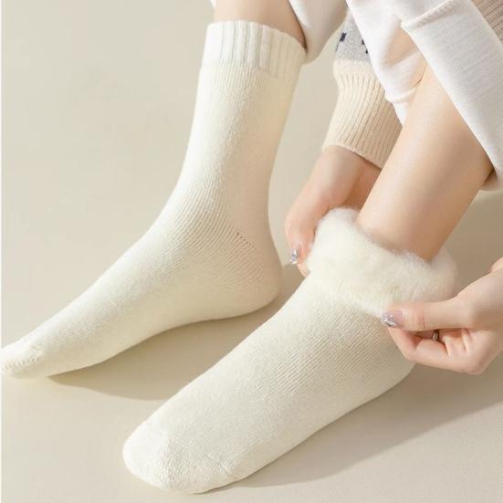 1 Pair Women Winter Socks Solid Color Ribbed Cuffs Thickened Plush Lining Sleeping Socks Autumn Winter Daily Wear