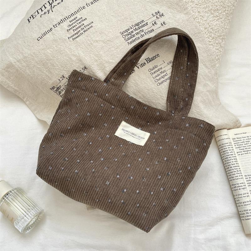 Corduroy Floral Handbag, Simple Tote Bag for Work, Lunch Bento Bag, Shopping Bag