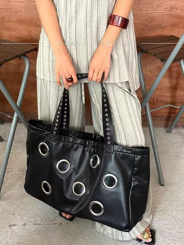 Women Tote Bag Metalpunk PU Rivet Fashion Vintage High-Capacity Shoulder Bag Handbag Girls