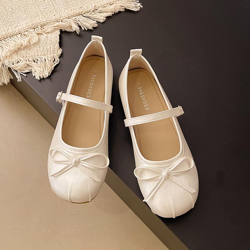 Silver flat ballet single shoes women's new temperament bow word with Mary Jane shoes