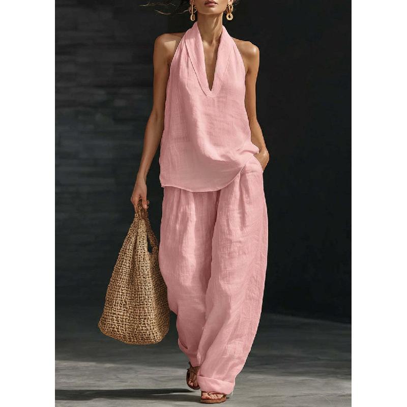 2026 Summer Women's Solid Color Halter Neck V-Neck Sleeveless Casual Suit