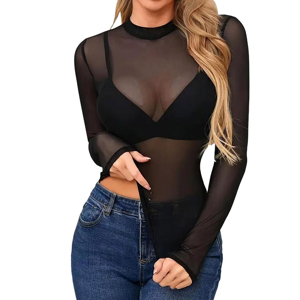 Dámský jednobarevný krajkový top s dlouhým rukávem a vysokým límcem, základní malé tričko, top se základním malým tričkem s vysokým límcem