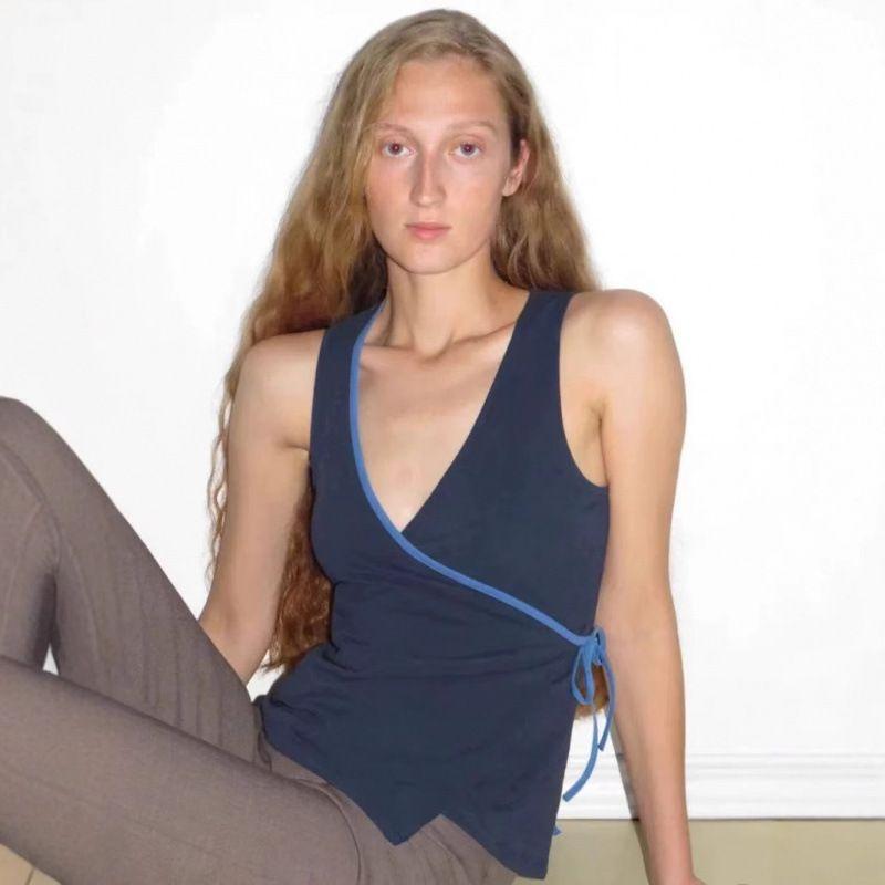 Paloma Wool25 New Spanish Blue Patchwork Wrap Lace-up V-neck Top Sleeveless Vest Women Summer