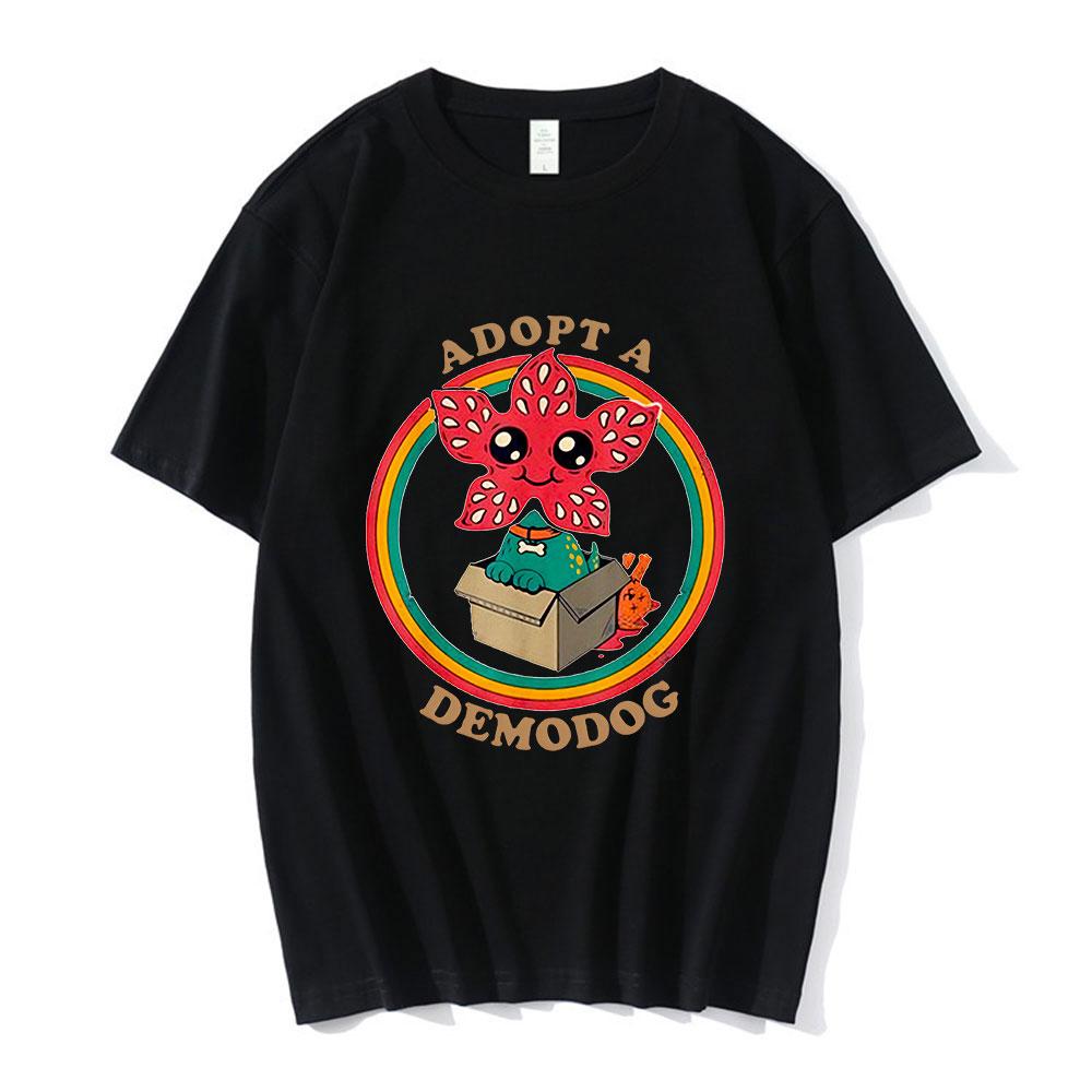 Adopt A Demogorgon Cute Man Eating Flower Pattern T-shirt Men's  Women's Cotton Casual T-shirt Fashion Retro Pure Cotton T-shirt