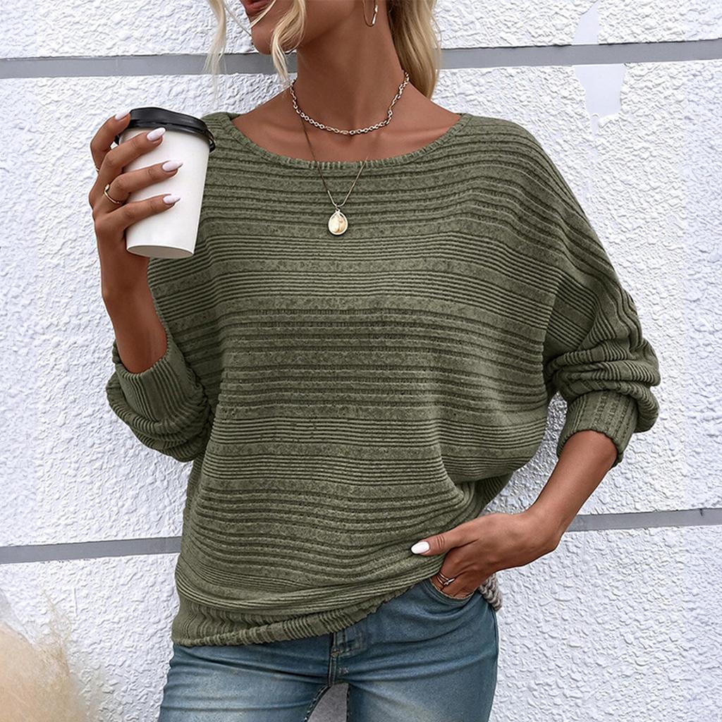 Women's Fashionable Solid Color Round Neck Long Sleeved Casual Pullover T-shirt Top