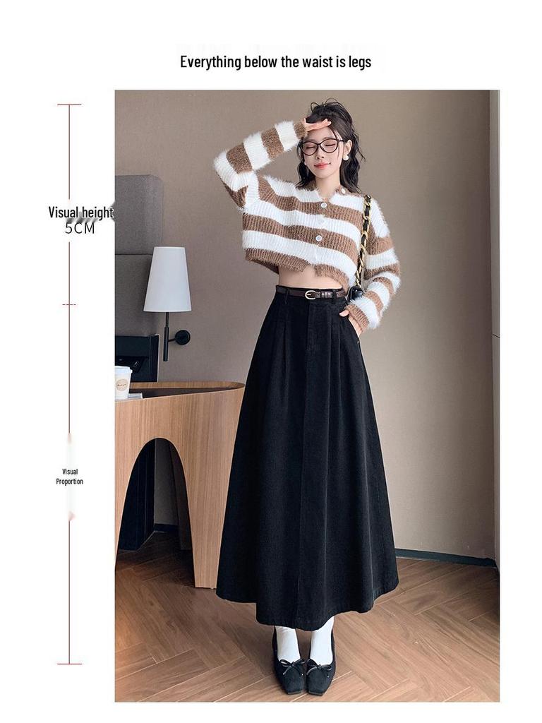 Women's High Waist Corduroy Midi Skirt - 2025 Autumn Winter Korean Style, Large Flare Pleated Design