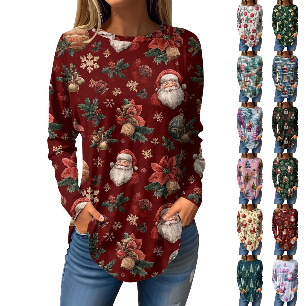 Tee Shirts For Women Casual Round Neck Long Sleeve Shirts Christmas Printing Top Pullover