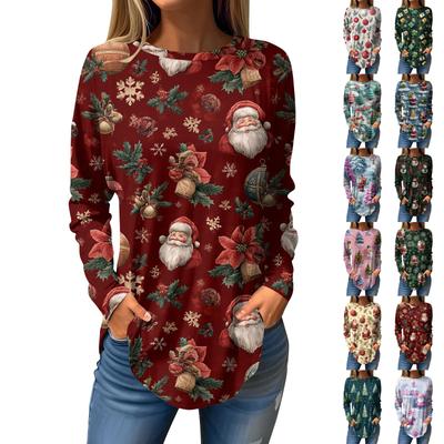 T-Shirts für Damen Lässige Rundhals Langarmshirts Weihnachts-Druck Top Pullover