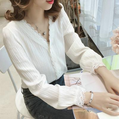 Early Autumn New Han Fan V-neck Lace White Long-sleeved Shirt Top Women's Chic Loose Pullover Shirt