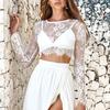 O-Neck Long Sleeve Embroidery Pattern Crop Top Women See-Through Floral Lace Blouse