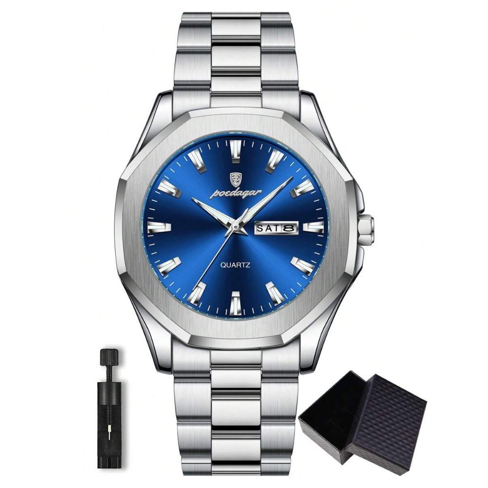 POEDAGAR 1pc Casual Men's Stainless Steel Quartz Wristwatch, Dual Date Display, Business Waterproof Luminous Wristwatch, Men's Gift
