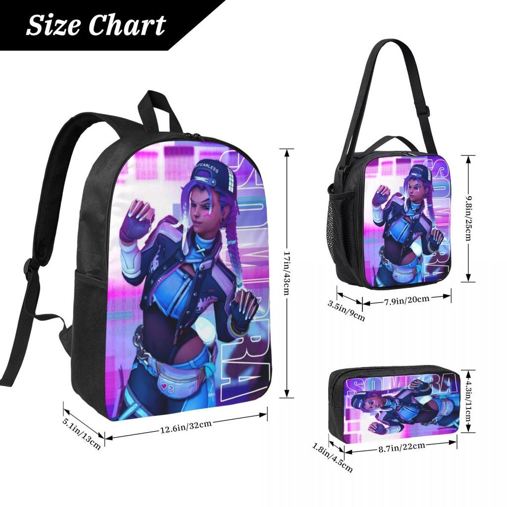 3Pcs Sombra Overwatch Theme School Bags Set for Boy Girl Pencil Boxes Backpack Sets with Lunch Box For School Students Knapsack