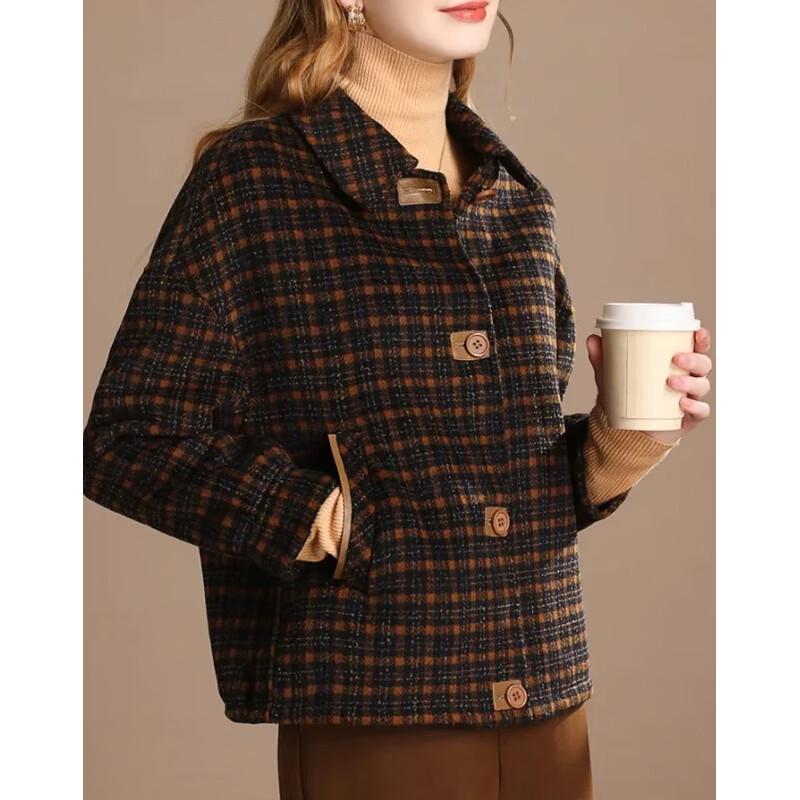 Women's Plaid Wool Blend Short Coat